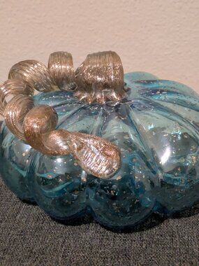 Glitzhome Squat Blue Hand Blown Glass Pumpkin Decor Metallic Curly Stem